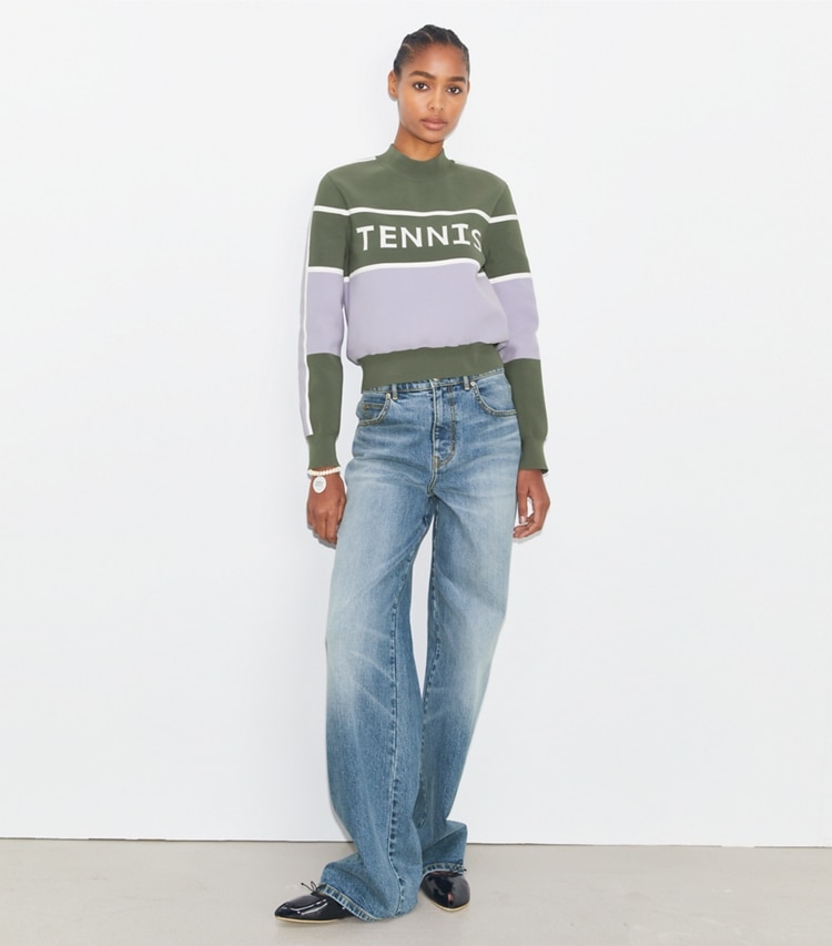Tory Sport designer sweaters Cropped Tech Nylon Tennis Sweater in Gray / Snow White / Lilac Whisper on model front