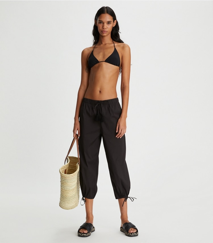 Tory Burch designer coverups Cropped Tie Pant in Black on model front