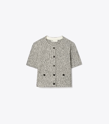 Tory Burch designer sweaters Cropped Tweed Cardigan in Black Truffle front