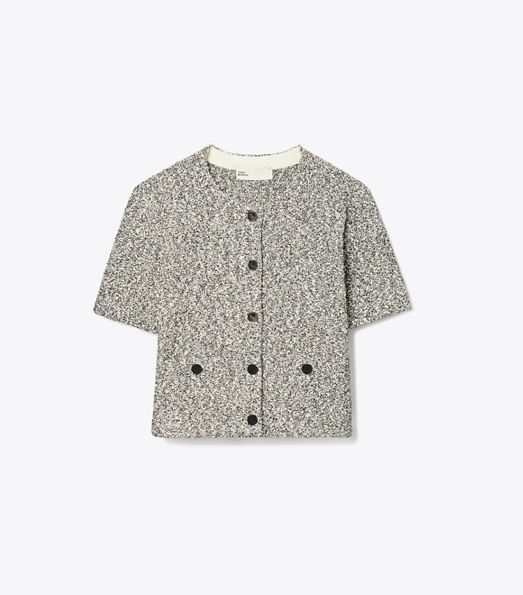 Tory Burch designer sweaters Cropped Tweed Cardigan in Black Truffle front