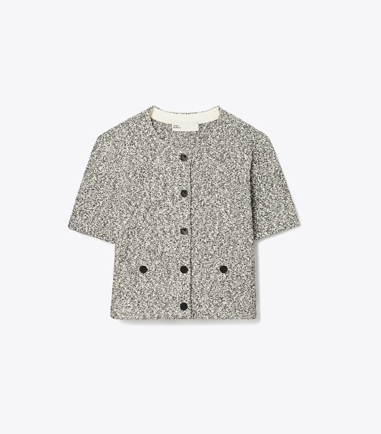Tory Burch designer sweaters Cropped Tweed Cardigan in Black Truffle front