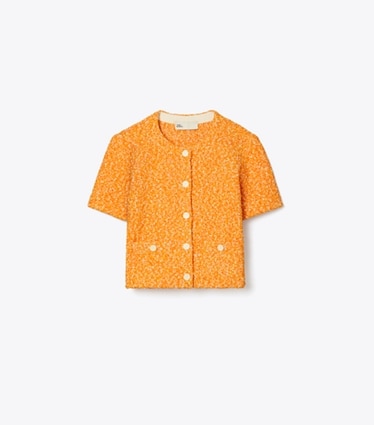 Tory Burch designer セーター クロップド ツイード カーディガン in Bright Carrot front