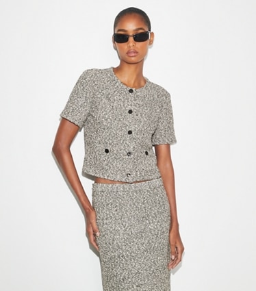 Tory Burch designer sweaters Cropped Tweed Cardigan in Black Truffle on model detail