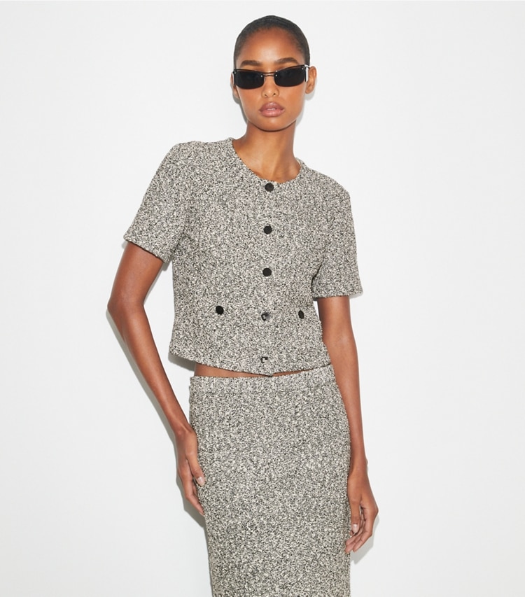 Tory Burch designer sweaters Cropped Tweed Cardigan in Black Truffle on model detail