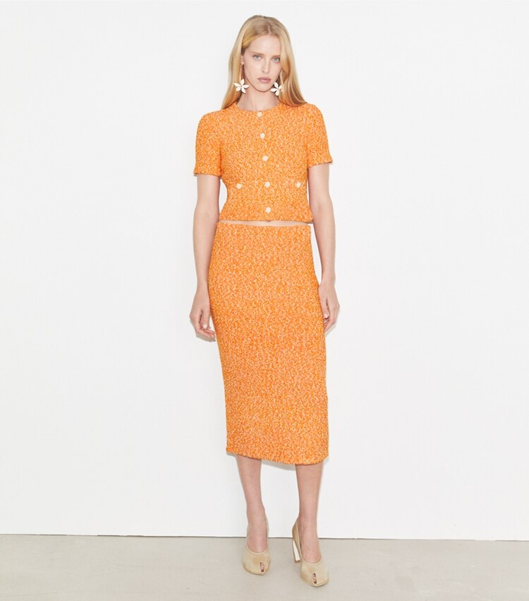 Tory Burch designer セーター クロップド ツイード カーディガン in Bright Carrot モデル前面