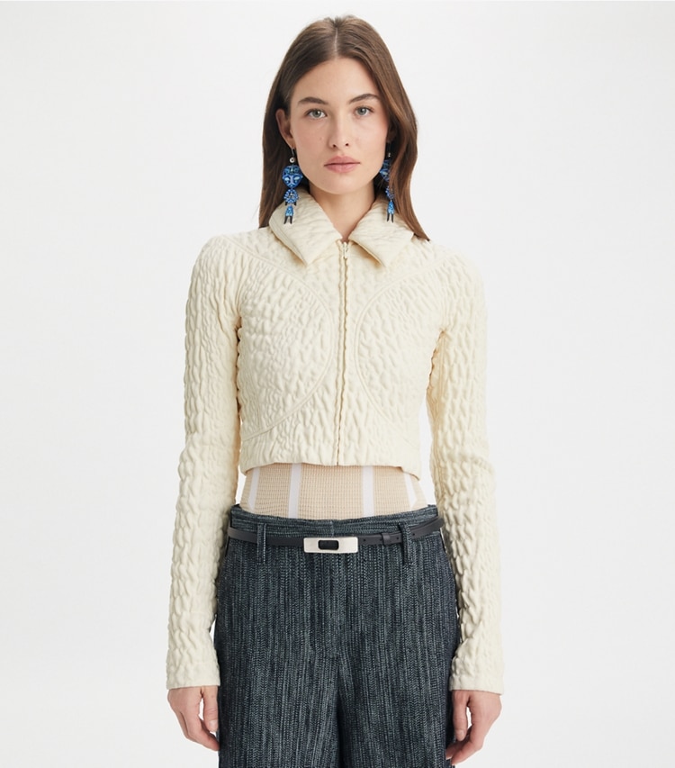 Tory Burch designer jackets Cropped Wool and Silk Jacket in Marshmallow on model detail