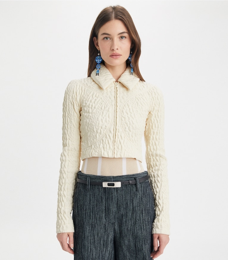 Tory Burch designer jackets Cropped Wool and Silk Jacket in Marshmallow front