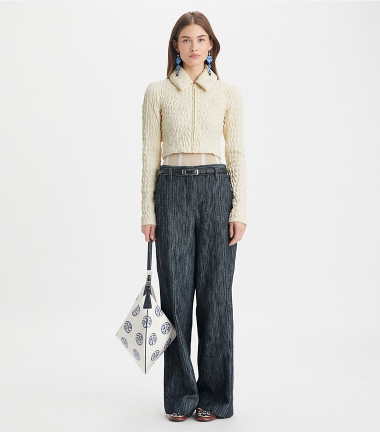 Tory Burch designer jackets Cropped Wool and Silk Jacket in Marshmallow on model front