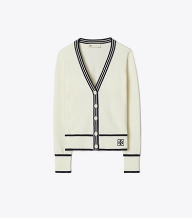 Tory Burch designer sweaters Cropped Wool Cardigan in White / Deep Navy front