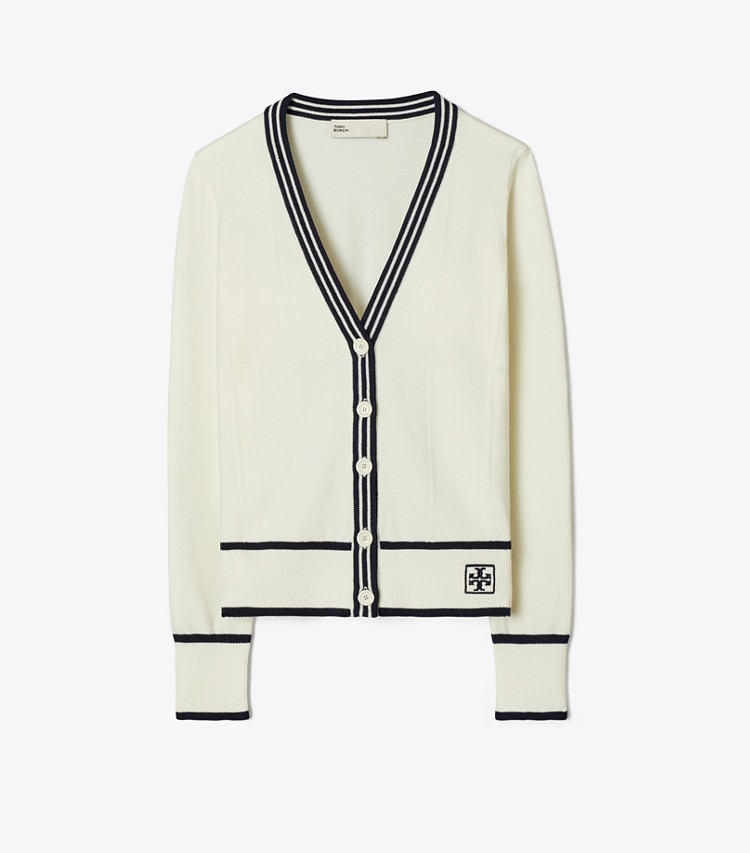 Tory Burch designer sweaters Cropped Wool Cardigan in White / Deep Navy front