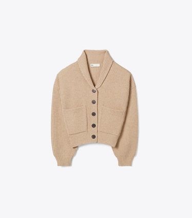 Tory Burch designer sweaters Cropped Wool Cardigan in Milk Chai Melange front