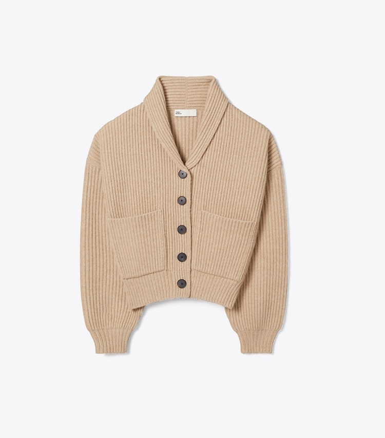 Tory Burch designer sweaters Cropped Wool Cardigan in Milk Chai Melange front
