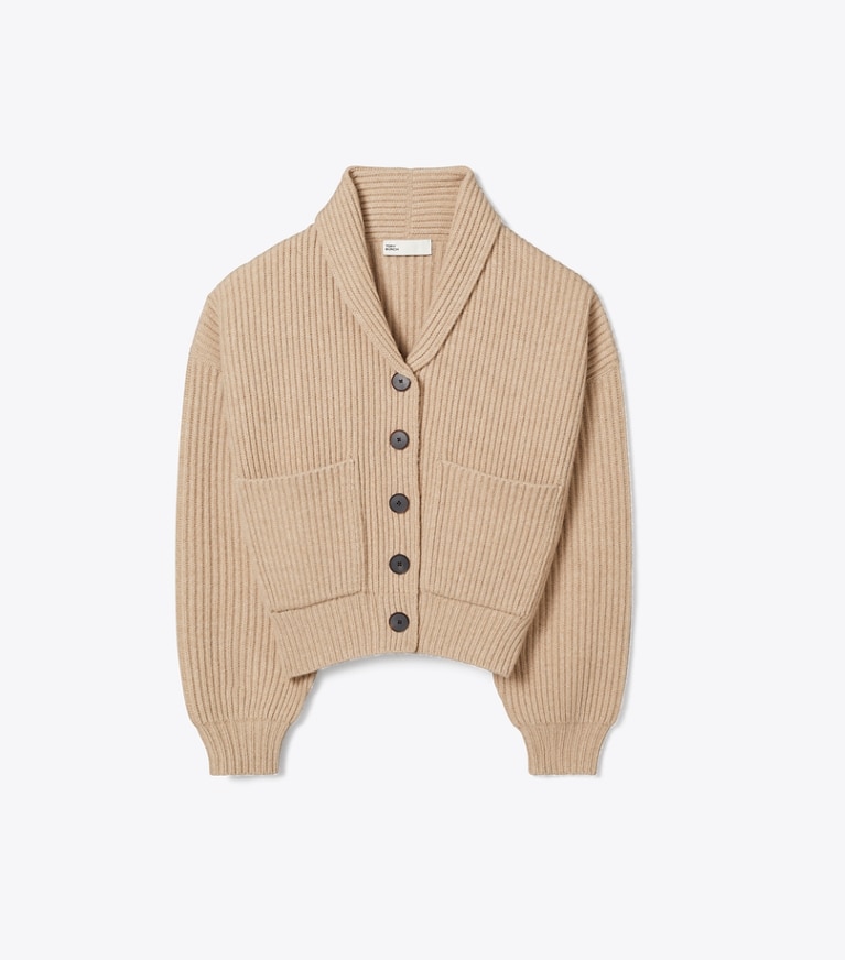 Tory Burch designer sweaters Cropped Wool Cardigan in Milk Chai Melange front