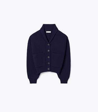Tory Burch designer sweaters Cropped Wool Cardigan in Navy front