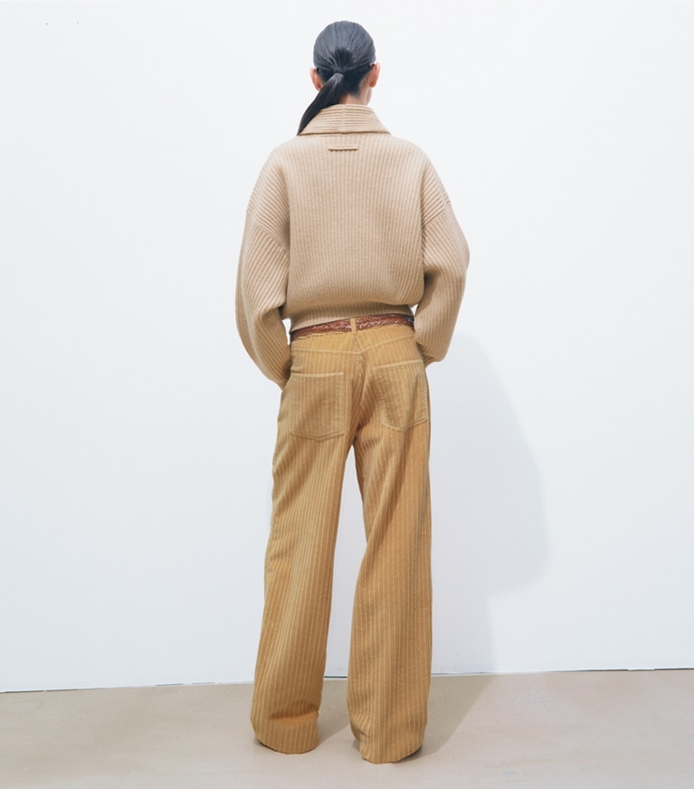 Tory Burch designer sweaters Cropped Wool Cardigan in Milk Chai Melange on model back