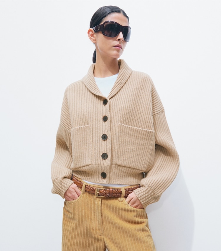Tory Burch designer sweaters Cropped Wool Cardigan in Milk Chai Melange on model detail