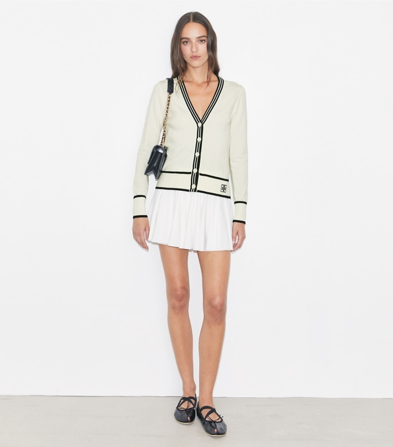 Tory Burch designer sweaters Cropped Wool Cardigan in White / Deep Navy front