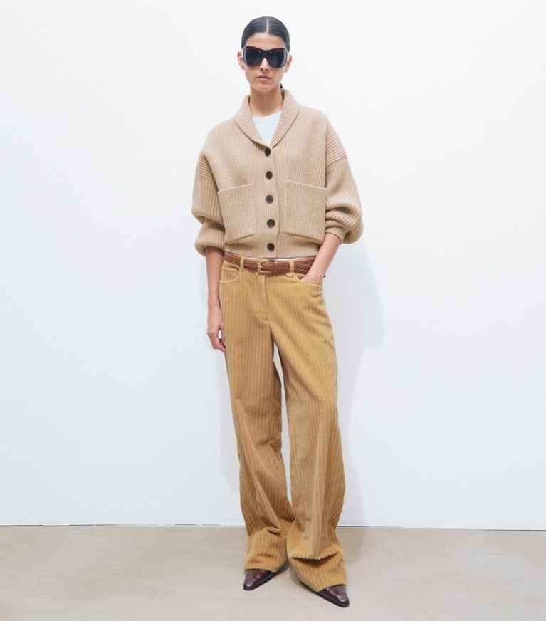 Tory Burch designer sweaters Cropped Wool Cardigan in Milk Chai Melange on model front