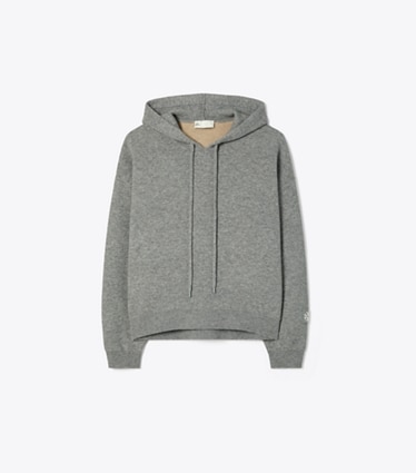 Tory Burch designer セーター クロップド ウール フーディ in Dapple Gray Melange front