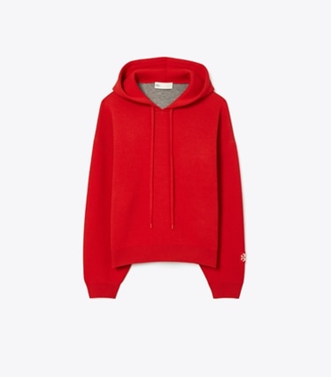 Tory Burch designer セーター クロップド ウール フーディ in Winterberry Red front