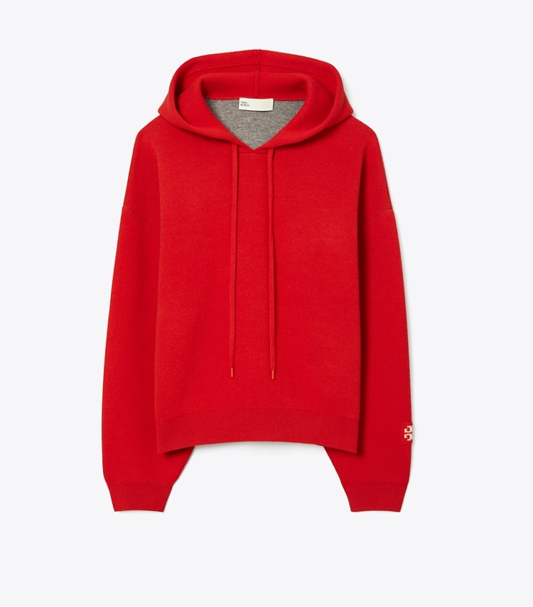 Tory Burch designer sweaters Cropped Wool Hoodie in Winterberry Red front
