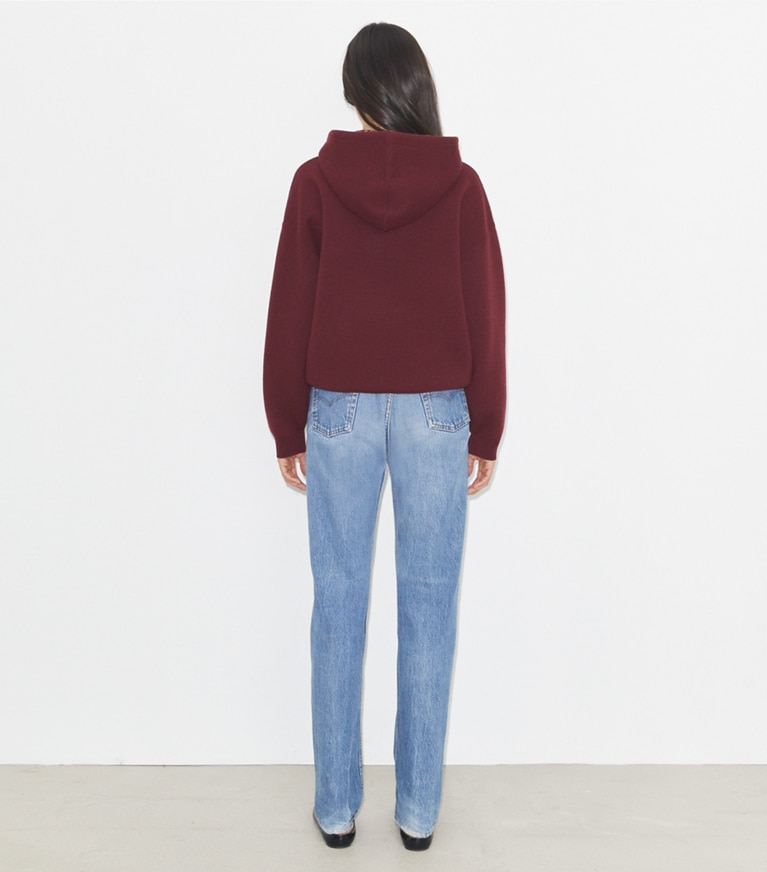 Tory Burch designer sweaters Cropped Wool Hoodie in Dark Carmine/ Mini Happy Pony front