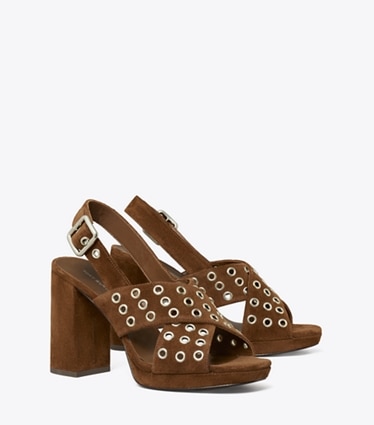 Tory Burch designer sandals Cross-Band Heeled Sandal in MUSTANG angle