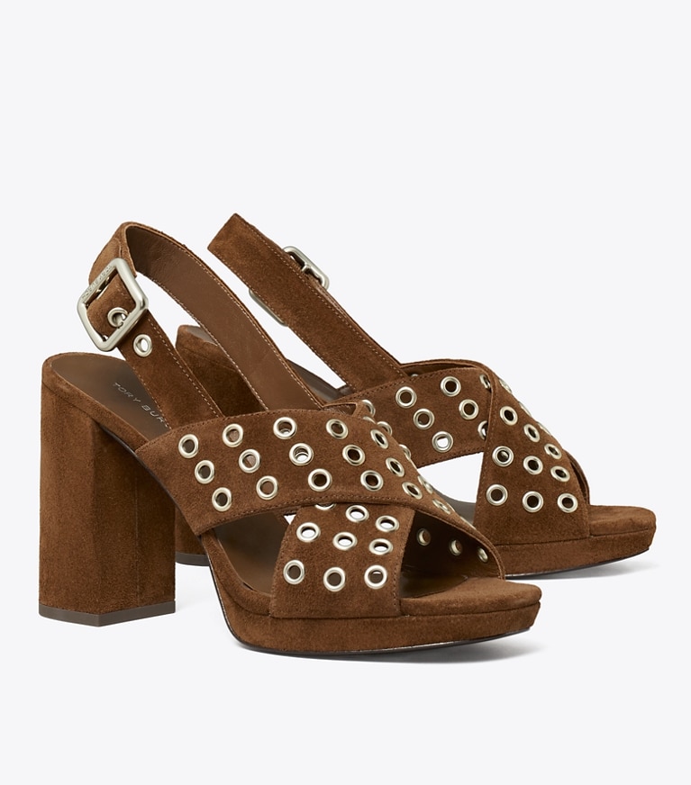 Tory Burch designer sandals Cross-Band Heeled Sandal in MUSTANG angle