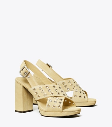 Tory Burch designer sandals Cross-Band Heeled Sandal in PRALINE angle