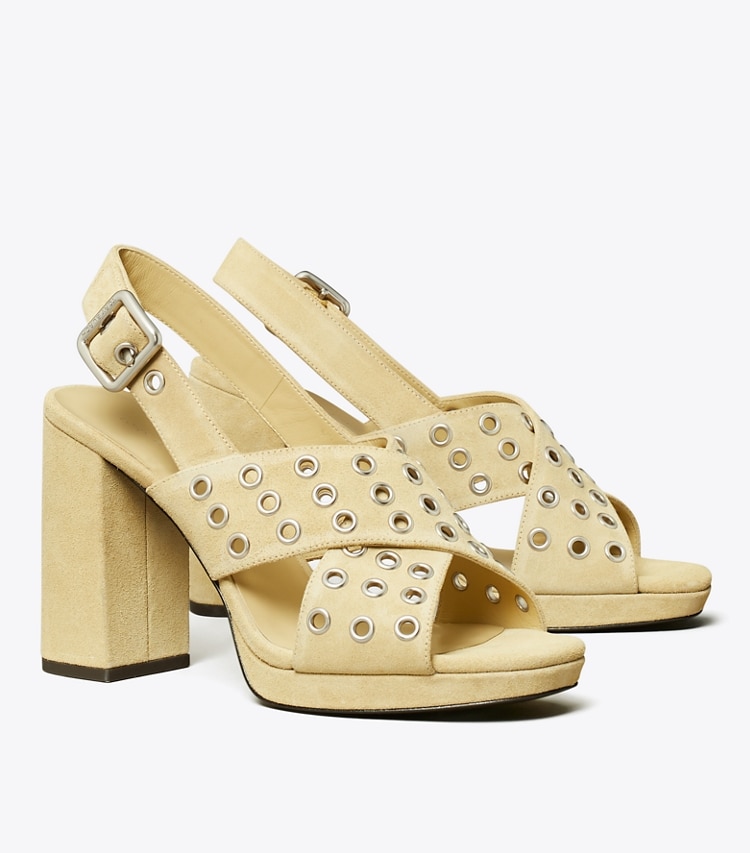 Tory Burch designer sandals Cross-Band Heeled Sandal in PRALINE angle