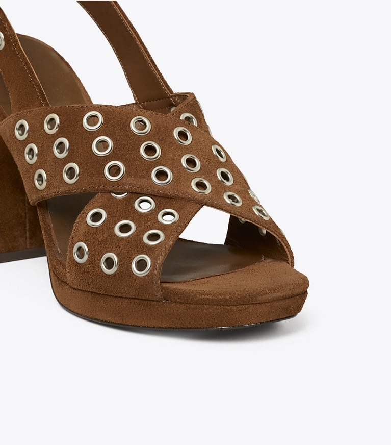 Tory Burch designer sandals Cross-Band Heeled Sandal in MUSTANG angle