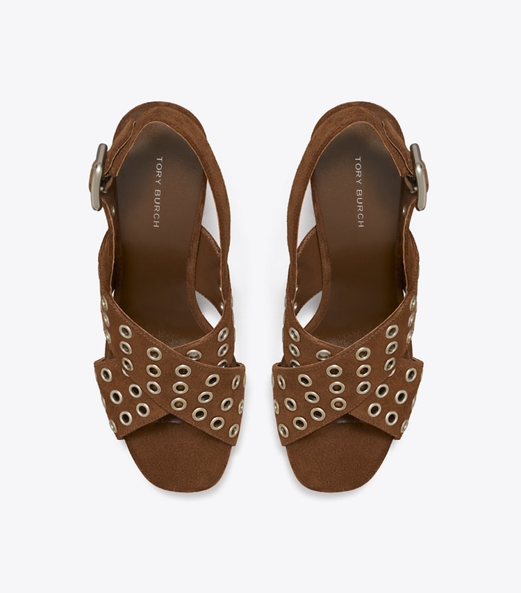 Tory Burch designer sandals Cross-Band Heeled Sandal in MUSTANG overhead