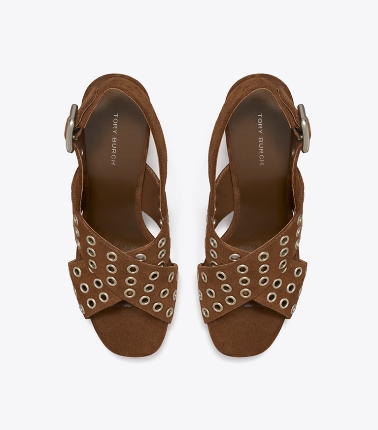 Tory Burch designer sandals Cross-Band Heeled Sandal in MUSTANG angle