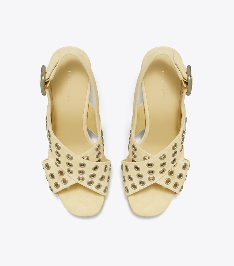 Tory Burch designer sandals Cross-Band Heeled Sandal in PRALINE overhead