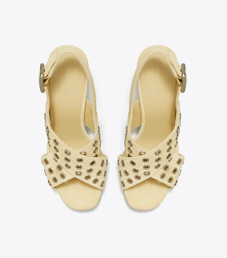 Tory Burch designer sandals Cross-Band Heeled Sandal in PRALINE overhead