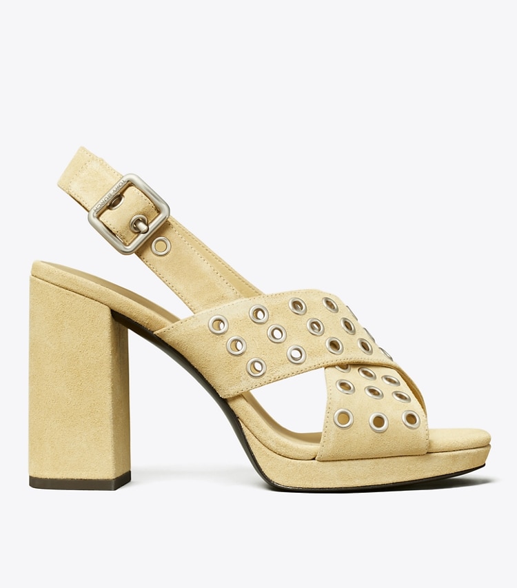 Tory Burch designer sandals Cross-Band Heeled Sandal in PRALINE side