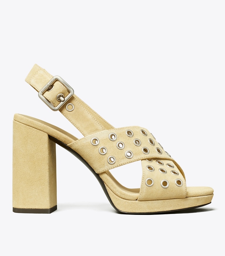 Tory Burch designer sandals Cross-Band Heeled Sandal in PRALINE side