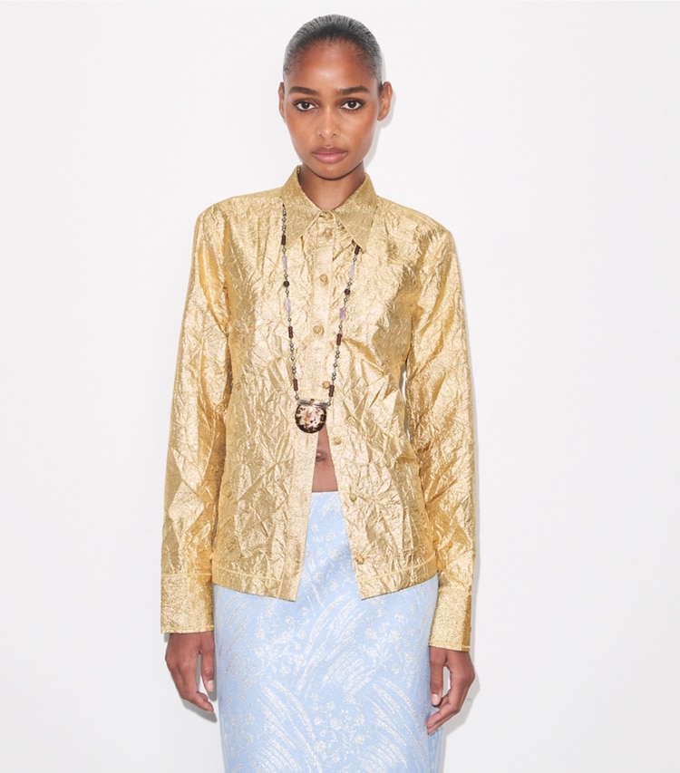Tory Burch designer tops Crushed Silk Shirt in White / Gold on model detail