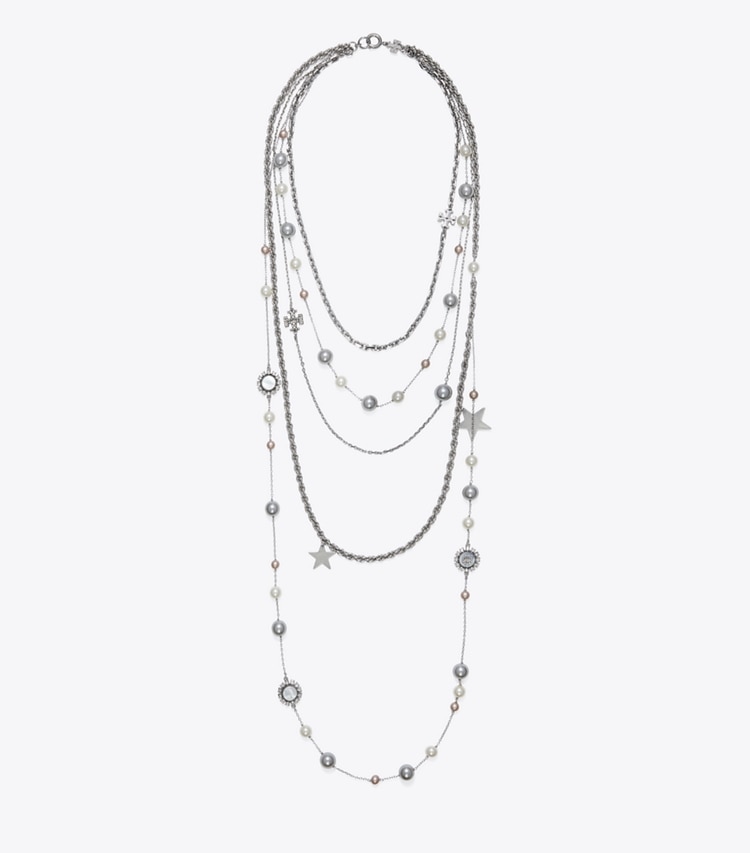 Tory Burch designer necklaces Crystal And Pearl Necklace in Tory Silver / Pearl / Crystal front