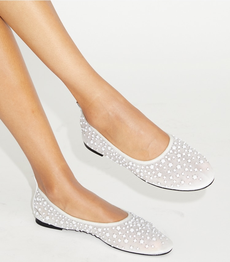 Tory Burch designer flats Crystal Ballet in OPTIC WHITE additional on model