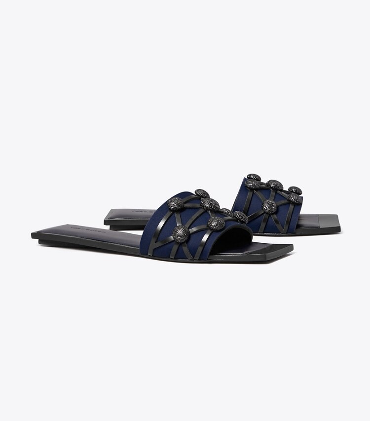 Tory Burch designer sandals Crystal Bobble Flat Slide in PERFECT NAVY / PERFECT NAVY / PERFECT angle