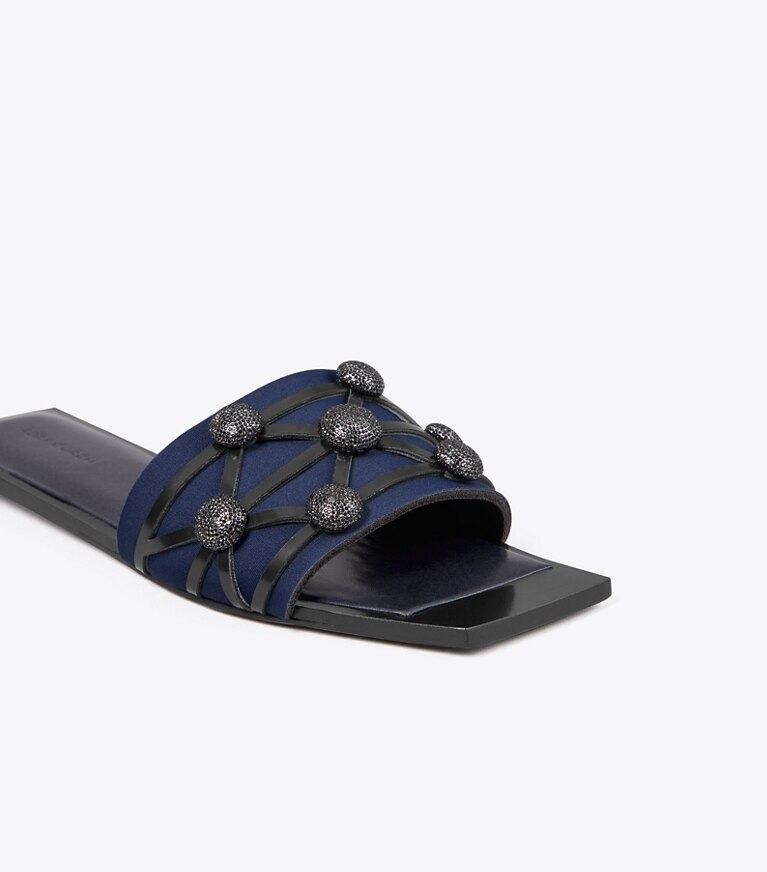 Tory Burch designer sandals Crystal Bobble Flat Slide in PERFECT NAVY / PERFECT NAVY / PERFECT angle