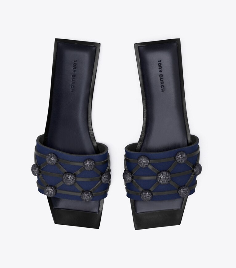 Tory Burch designer sandals Crystal Bobble Flat Slide in PERFECT NAVY / PERFECT NAVY / PERFECT angle