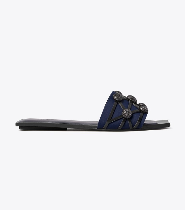Tory Burch designer sandals Crystal Bobble Flat Slide in PERFECT NAVY / PERFECT NAVY / PERFECT angle