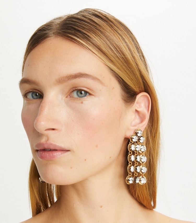 Tory Burch designer earrings Crystal Chandelier Earring in Antique Light Brass / Crystal accessory on model