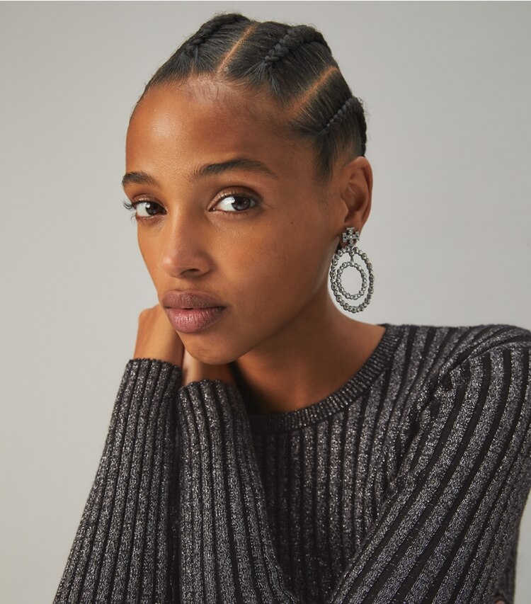 Tory Burch designer earrings Crystal Doorknocker Earring in Hematite / Crystal accessory on model