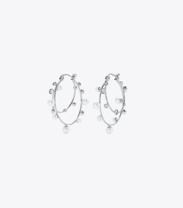Tory Burch designer earrings Crystal Double Hoop Earring in Tory Silver / Pearl / Crystal front