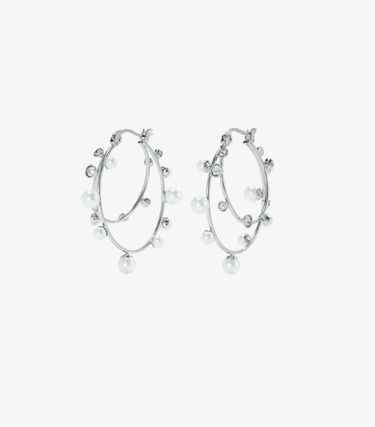 Tory Burch designer earrings Crystal Double Hoop Earring in Tory Silver / Pearl / Crystal front
