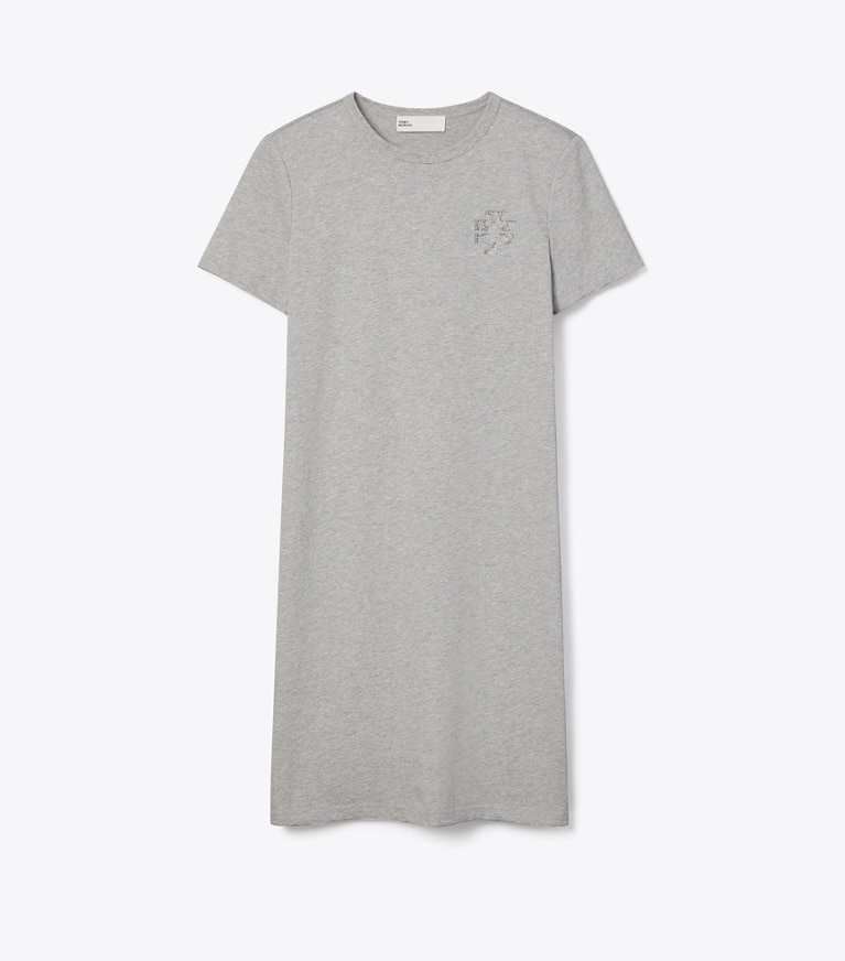 Tory Burch designer ドレス クリスタルエンベリッシュ ジャージー Tシャツドレス in Silver Gray Melange front