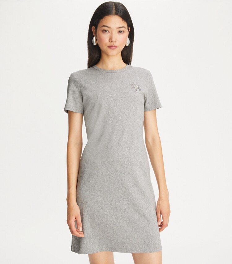 Tory Burch designer ドレス クリスタルエンベリッシュ ジャージー Tシャツドレス in Silver Gray Melange on model detail